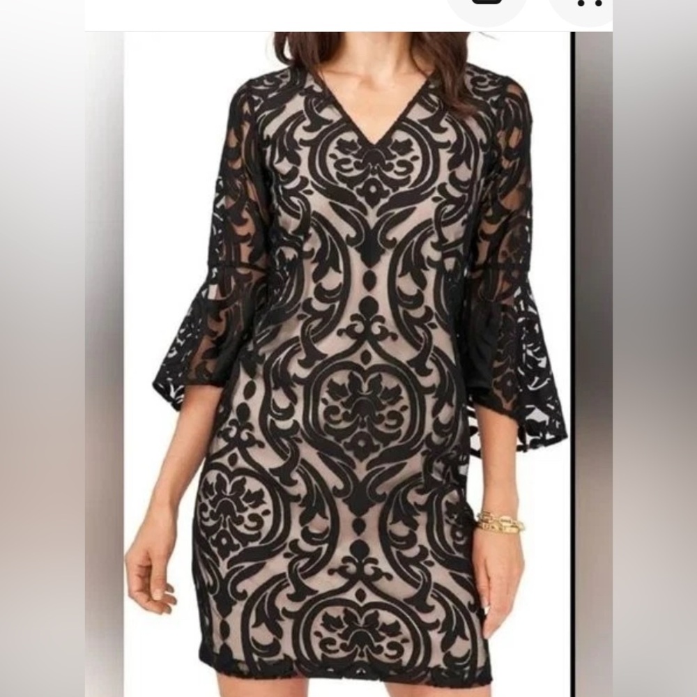 MSK Elegant Black Lace Overlay Bell Sleeve MIDI Dress 6 Formal‎ Feminine Elegant